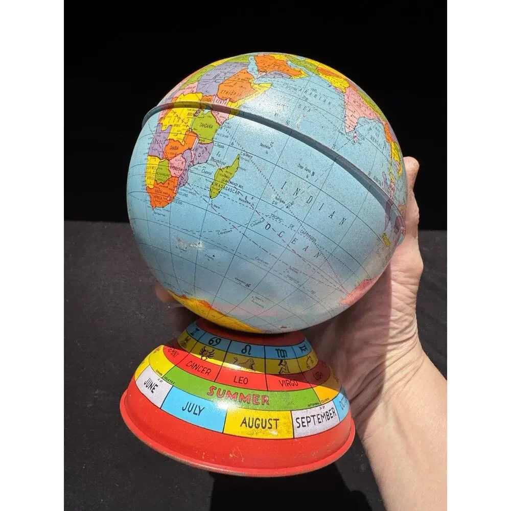 Vintage Metal Globe Coin Bank By Ohio Art Co with Months Seasons Zodiac Signs